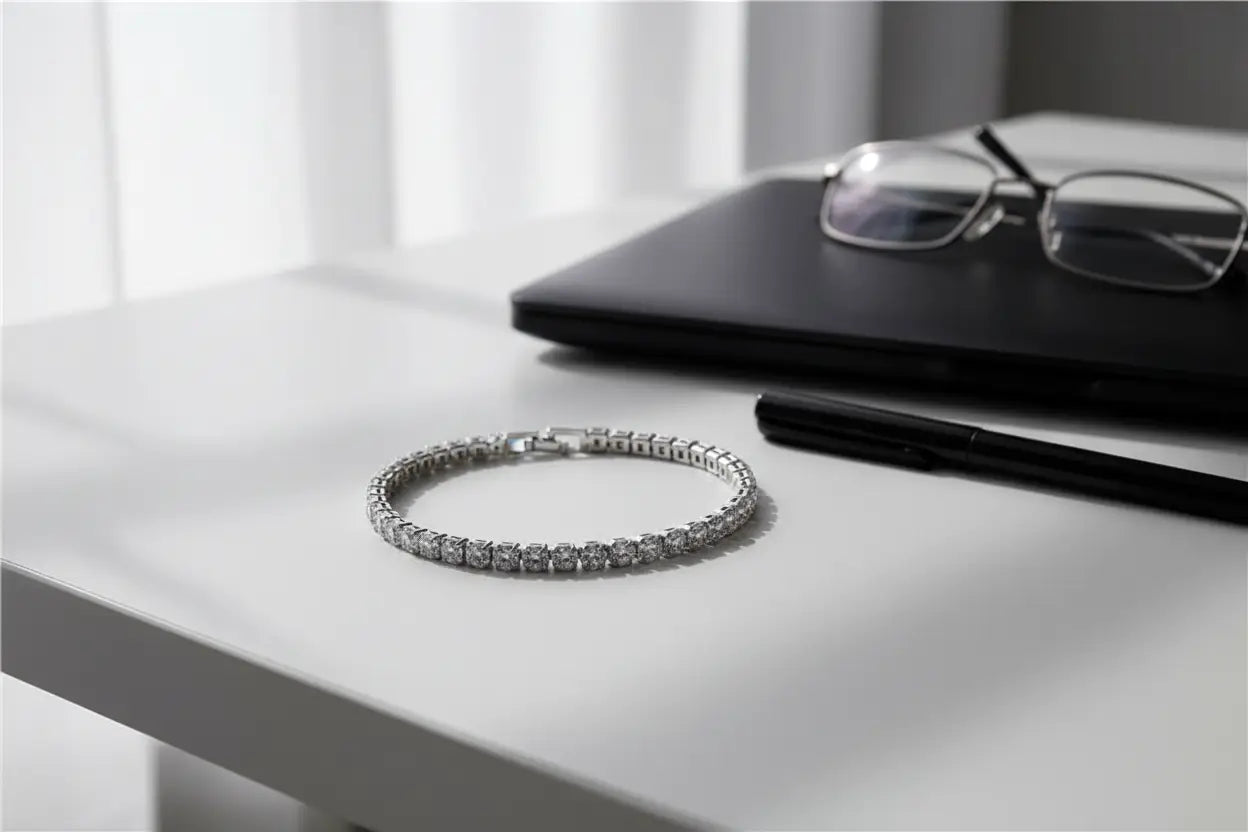 Minimal workspace scene with a cz tennis bracelet placed beside a closed laptop, black pen, and eyeglasses on a clean white desk, illuminated by soft window light for a polished everyday look | Oria Jewel