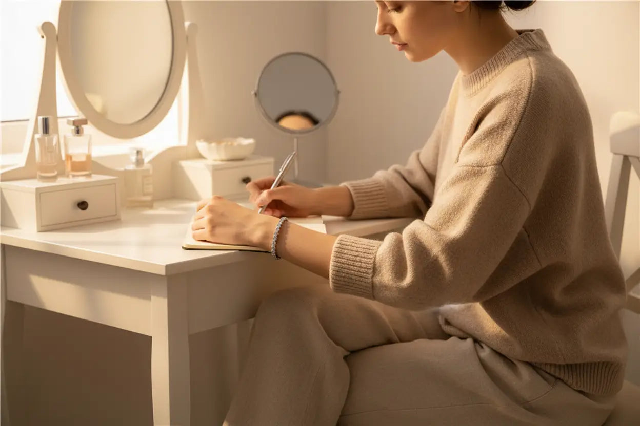 Cozy vanity scene with a woman journaling at a white dressing table, a sparkling cz tennis bracelet adorning her wrist among perfume bottles and soft morning light for a feminine, everyday elegance | Oria Jewel