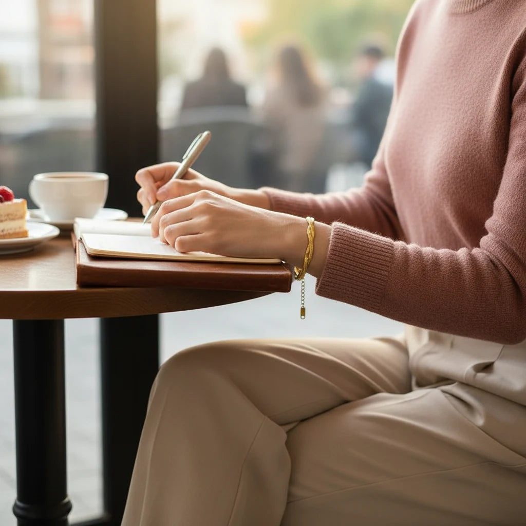 Cozy café moment showing a woman writing in a notebook while wearing a delicate double chain gold bracelet, with coffee and dessert on the table | Oria Jewel