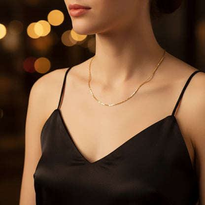 Model wearing Flat Chain Choker with black satin dress — perfect for evening or night-out look | Oria Jewel
