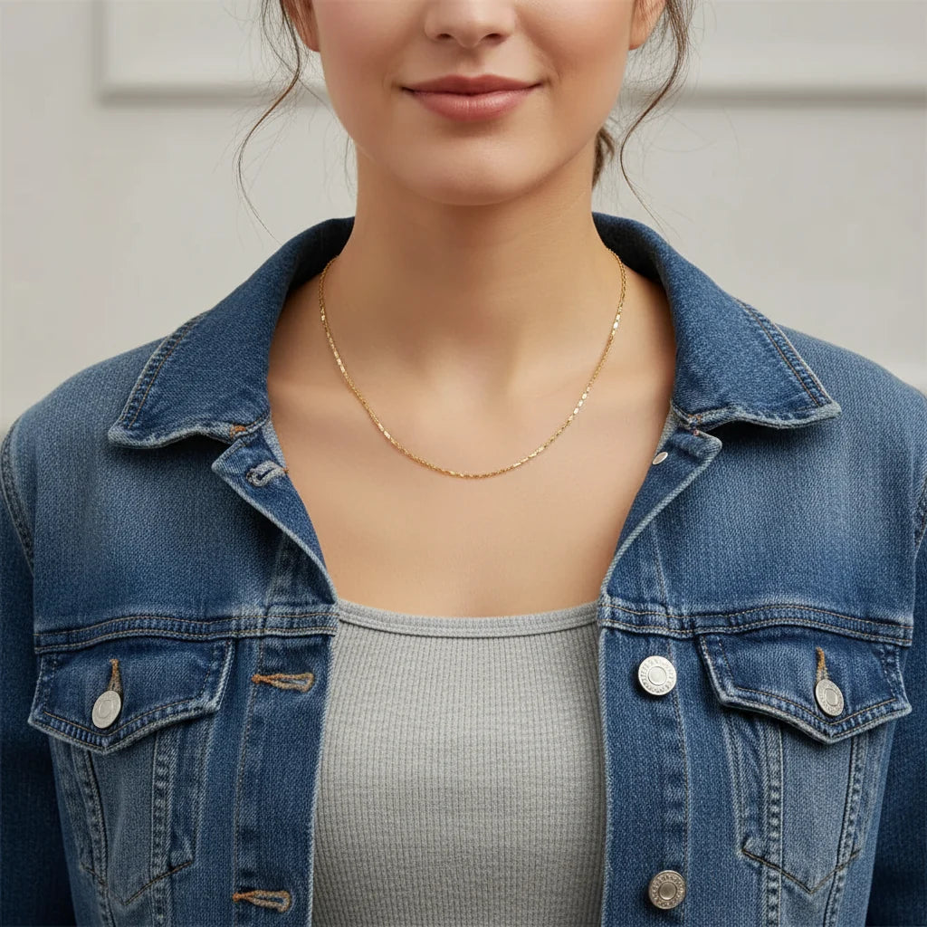 Casual look with Flat Chain Choker styled over gray tank top and denim jacket — everyday elegance | Oria Jewel