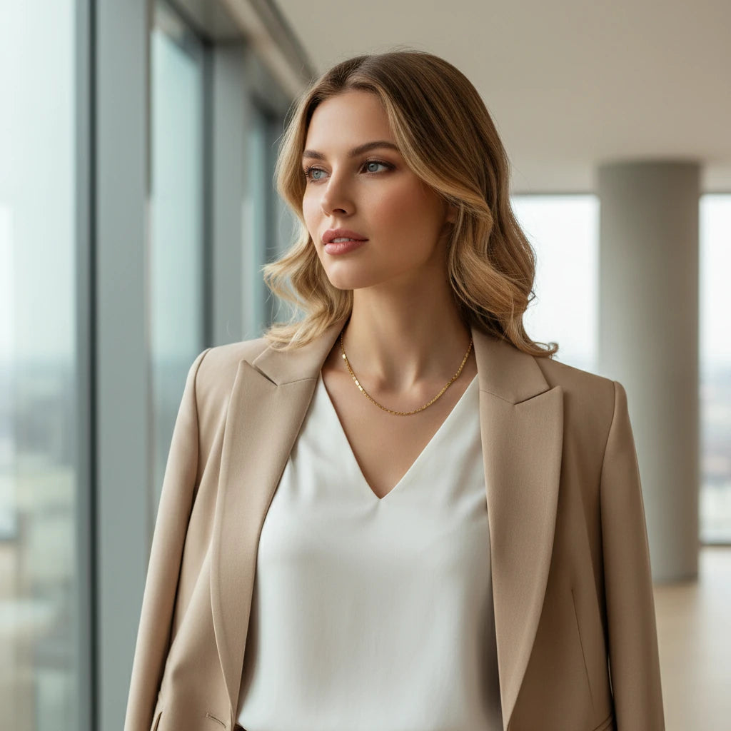 Woman wearing Flat Chain Choker with beige blazer and white blouse — sleek and professional style | Oria Jewel