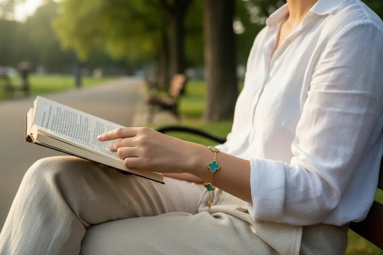 Woman sitting on a park bench reading a book in soft evening light, wearing a dainty gold four leaf clover charm bracelet with turquoise flower stations on her wrist, focus keyword four leaf clover charm bracelet | Oria Jewel