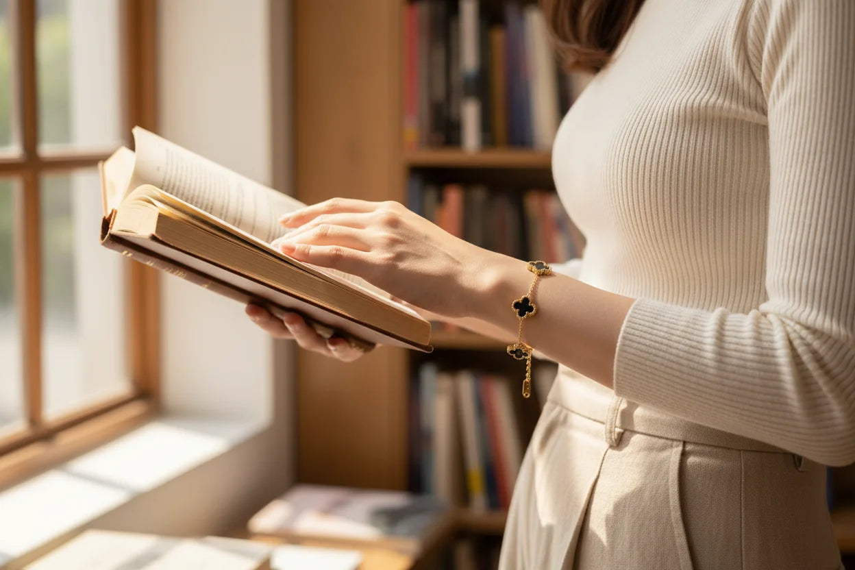 Woman standing by a sunlit window in a ribbed cream top and beige trousers, holding an open book while a gold four leaf clover charm bracelet with black enamel flowers decorates her wrist, focus keyword four leaf clover charm bracelet | Oria Jewel