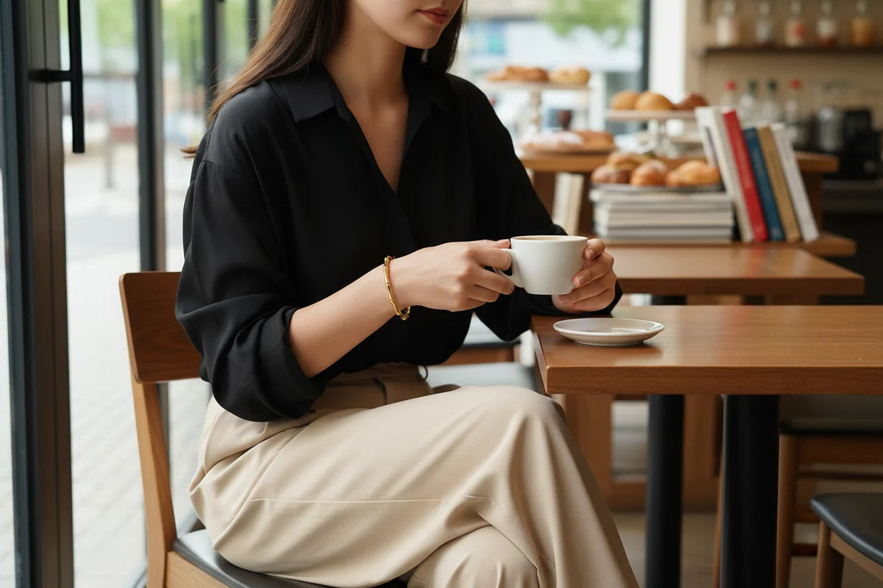 Woman sitting in a cozy café, wearing a black blouse and beige trousers, holding a coffee cup with a sleek gold Bamboo bangle Bracelet on her wrist, casual chic daytime style | Oria Jewel