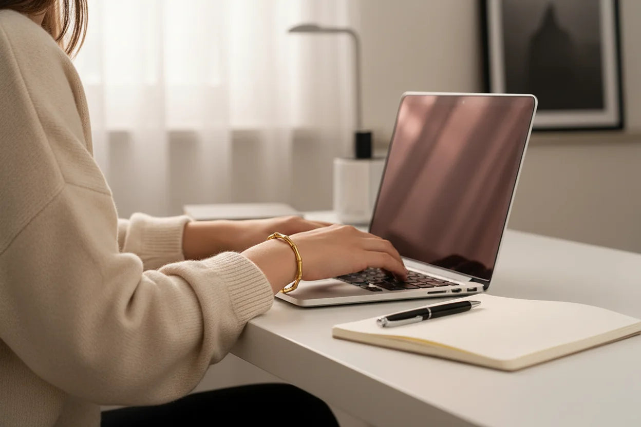 Woman working on a laptop at a minimal home office desk, beige sweater sleeves pushed up to reveal a polished gold Bamboo bangle Bracelet, modern everyday work look | Oria Jewel