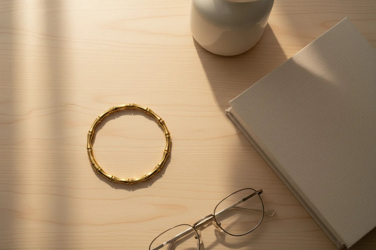 Gold Bamboo bangle Bracelet resting on a light wooden desk beside a closed neutral notebook and eyeglasses, styled as a refined everyday accessory scene | Oria Jewel