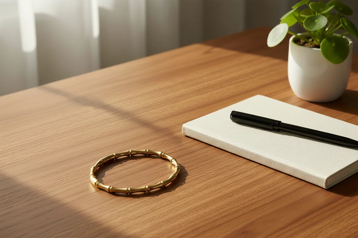 Gold Bamboo bangle Bracelet on a warm wooden desk with a black pen, cream notebook, and small green plant, suggesting a cozy workspace with minimalist jewelry | Oria Jewel