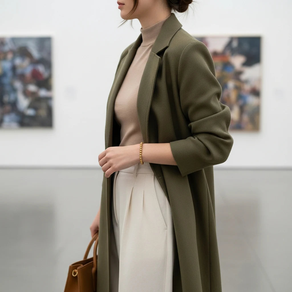 Woman in an olive coat, beige turtleneck, and cream trousers wearing a subtle gold beaded stretch bracelet on her wrist while standing in a modern art gallery, showcasing refined everyday elegance | Oria Jewel