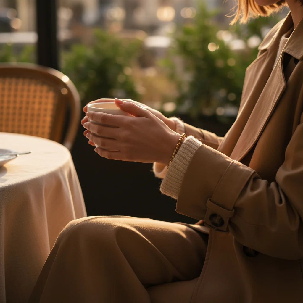 Cozy café scene with a woman in a camel trench coat holding a warm drink, the gold beaded stretch bracelet peeking from her sleeve and adding a soft golden touch to her outfit | Oria Jewel