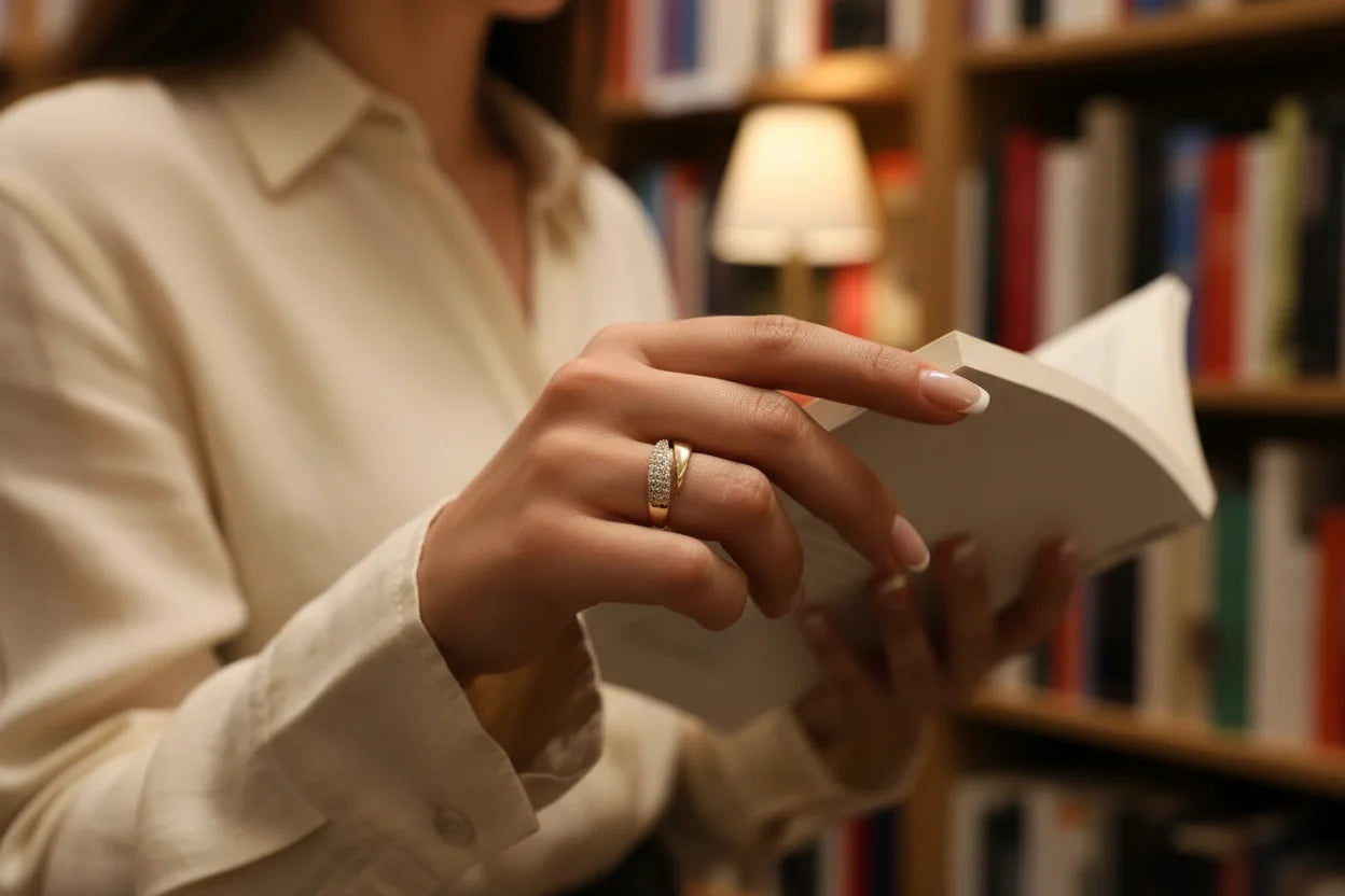 Close-up reading scene in a cozy library, showing a curved pavé-detail gold bypass ring on the finger as pages turn | OriaJewel