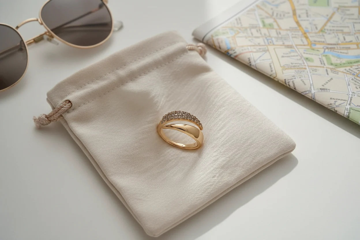 Minimal travel flat lay with sunglasses, map, and pouch, featuring a gold bypass ring placed neatly on a soft drawstring bag | OriaJewel