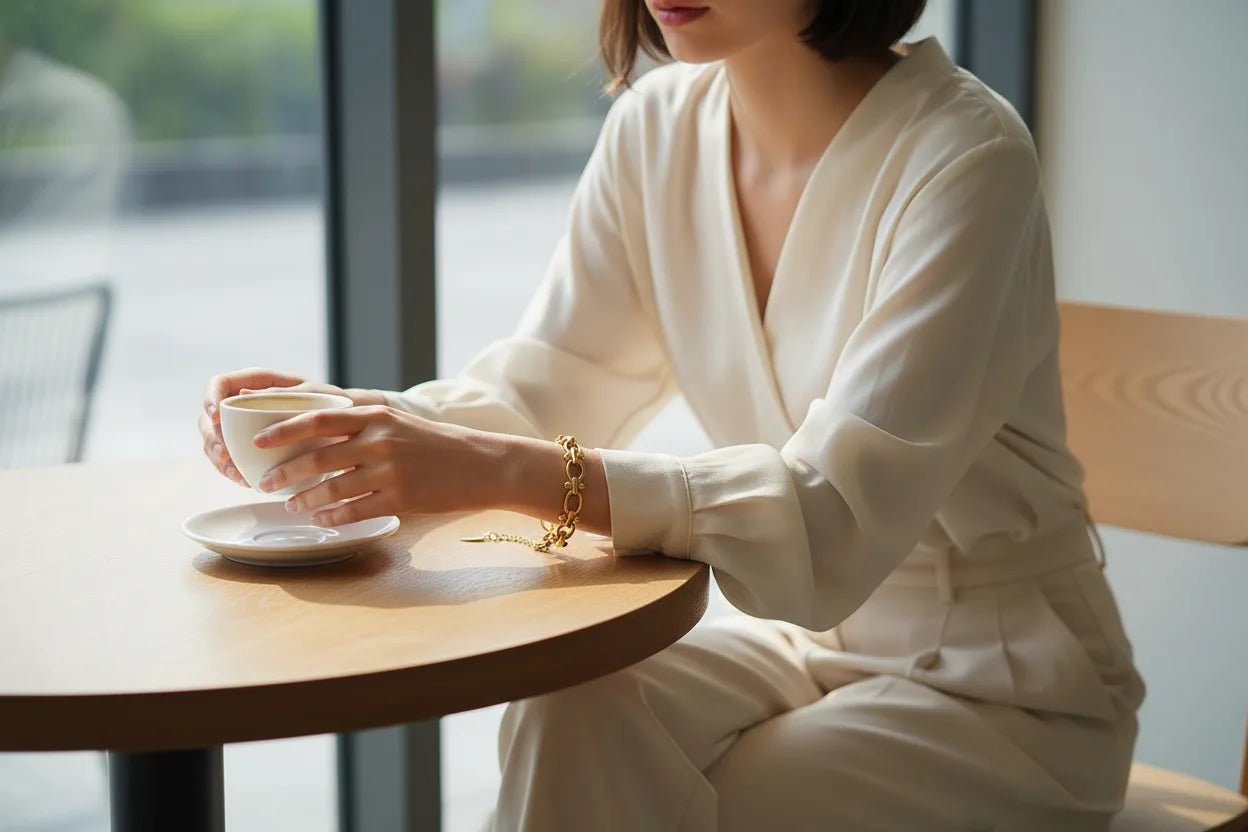 Woman in an ivory blouse sitting at a café table, holding a warm cup of coffee while a gold chain link bracelet drapes elegantly from her wrist, adding a polished touch to her neutral outfit | Oria Jewel
