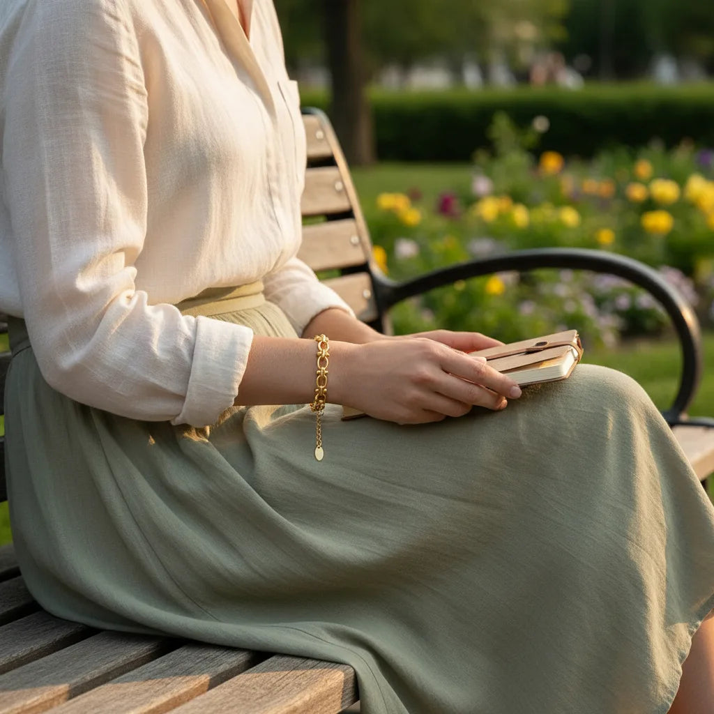 Woman relaxing on a park bench at golden hour, holding a book on her lap while the gold chain link bracelet glows softly against her wrist, framed by a flowing skirt and garden flowers in the background | Oria Jewel