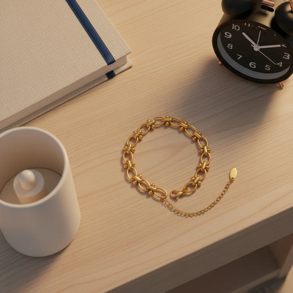 Cozy bedside flat lay of a gold chain link bracelet placed on a wooden nightstand next to a book, candle cup, and alarm clock, suggesting an everyday wearable favorite | Oria Jewel