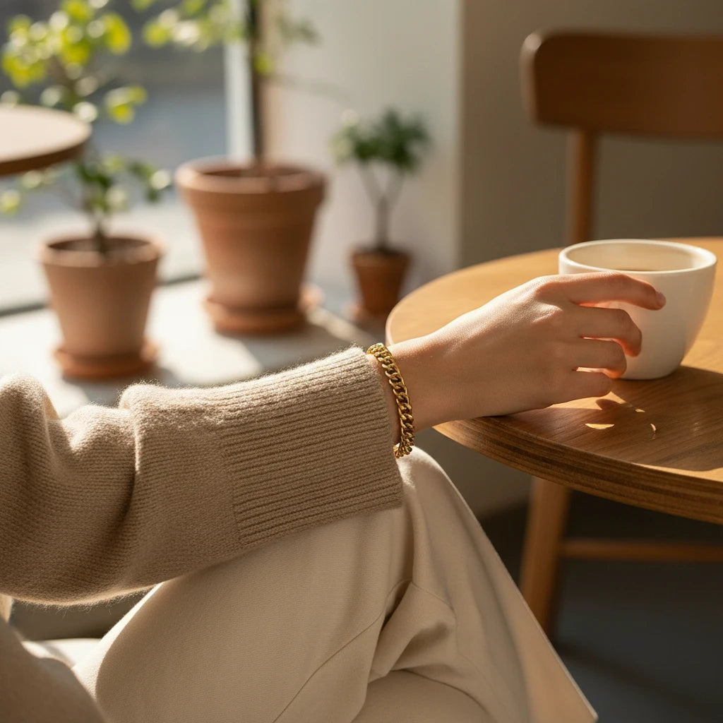 Cozy café close-up of a wrist wearing a gold curb chain bracelet styled with neutral knit sweater and coffee cup | Oria Jewel