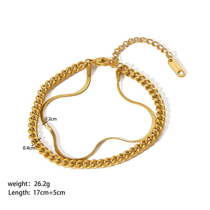 Close-up product shot of adjustable gold double chain bracelet with extender, weight and length measurements clearly shown | Oria Jewel