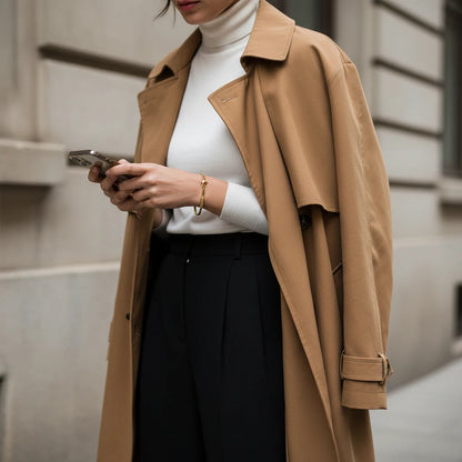 Street-style woman in camel trench coat, white turtleneck and black trousers checking her phone while wearing a sleek gold herringbone chain bracelet | Oria Jewel