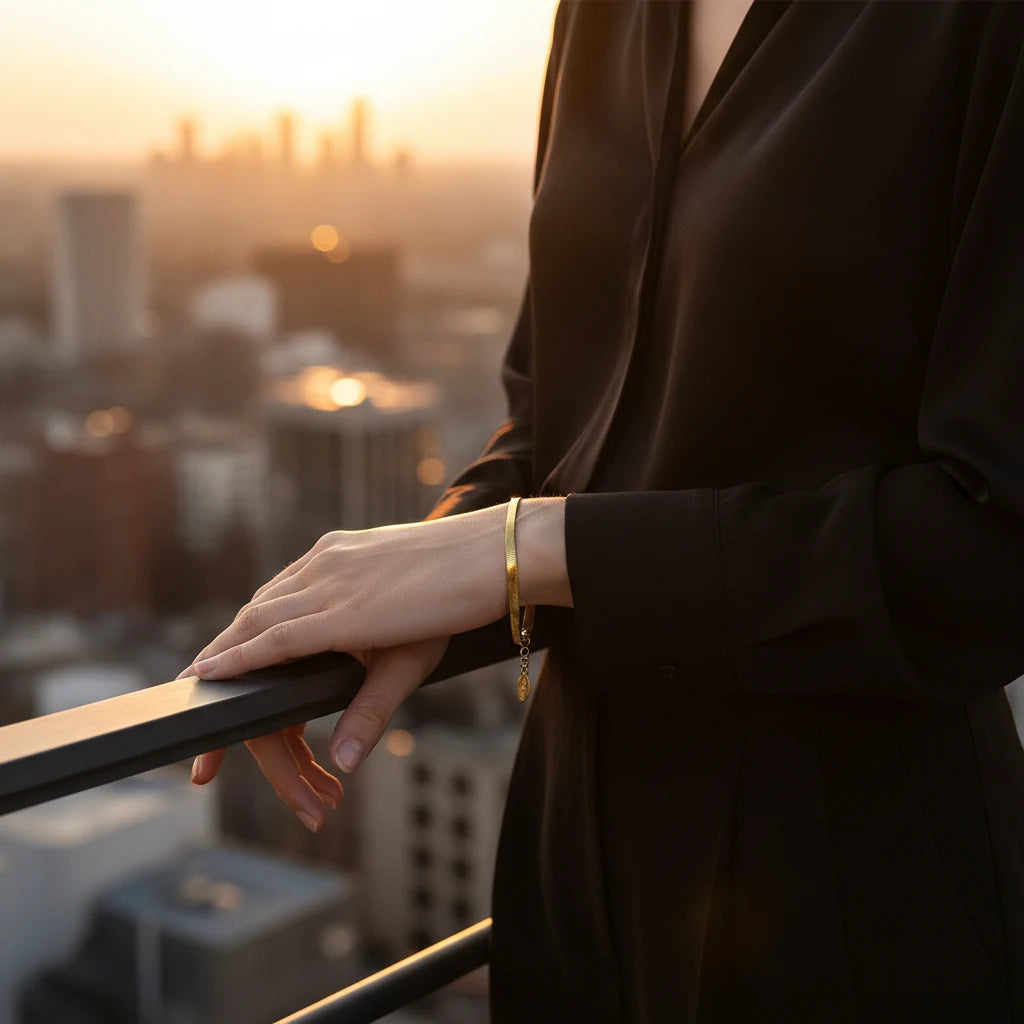 Woman in black long-sleeve outfit leaning on balcony railing at sunset, showcasing a refined gold herringbone chain bracelet on her wrist | Oria Jewel