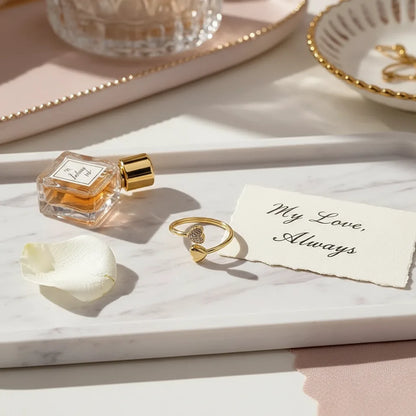 gold open heart ring on white marble tray beside perfume bottle and romantic note, open-ended heart style with sparkling pavé detail | Oria Jewel