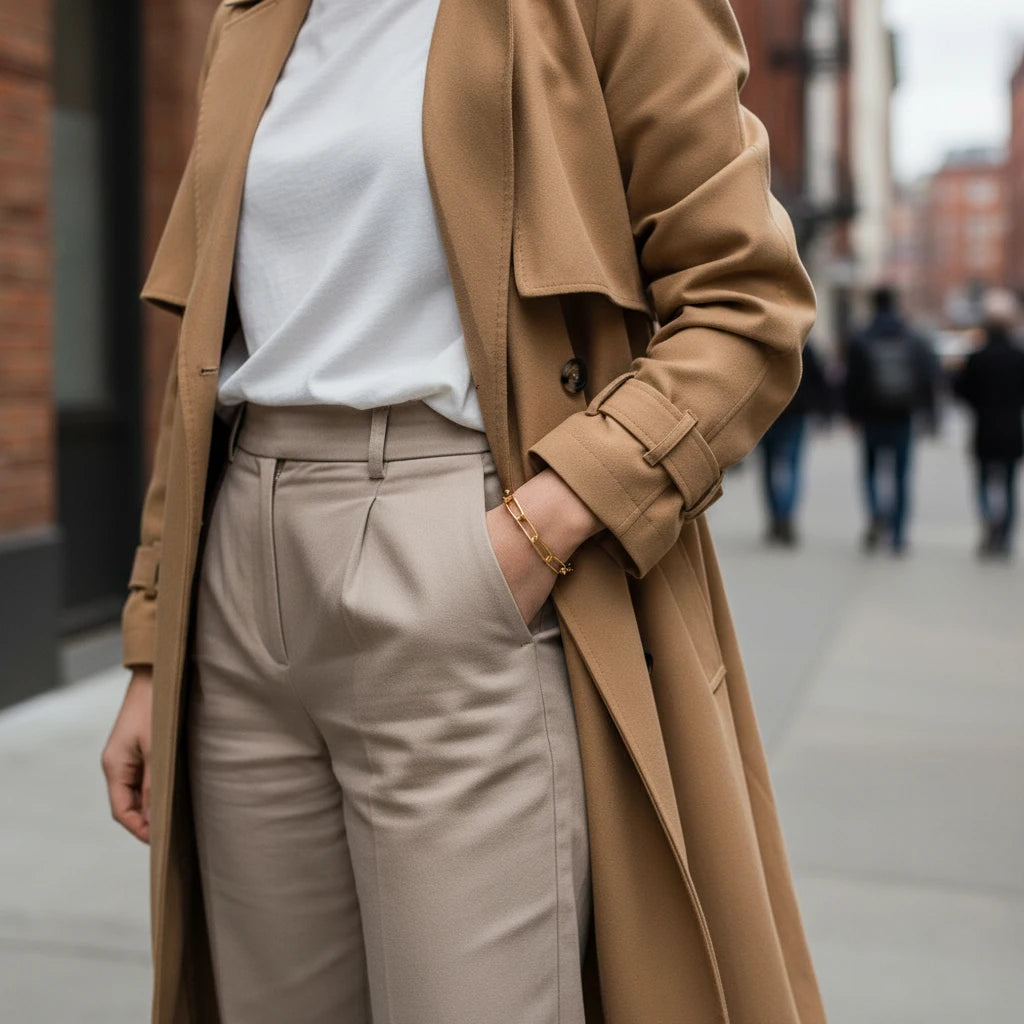 Street-style outfit with camel trench coat and neutral trousers, featuring a delicate gold paperclip chain bracelet on the wrist | Oria Jewel