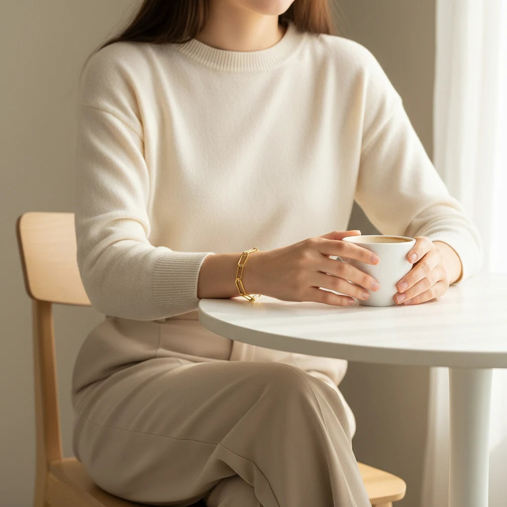 Cozy café moment with a woman holding a coffee cup while wearing a chic gold paperclip chain bracelet with neutral outfit | Oria Jewel