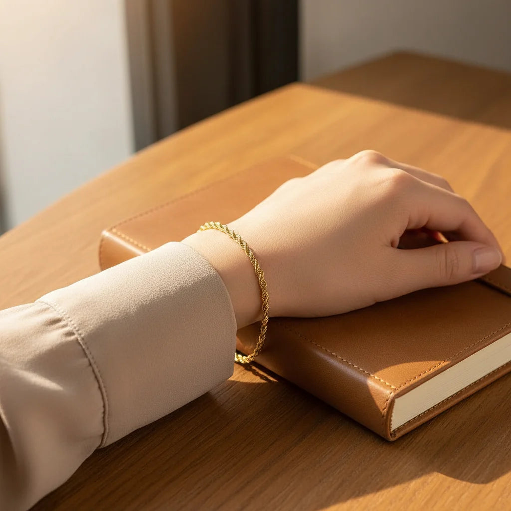 Lifestyle shot of a hand resting on a tan notebook at a wooden table, wearing a slim gold rope chain bracelet in warm sunlight | Oria Jewel