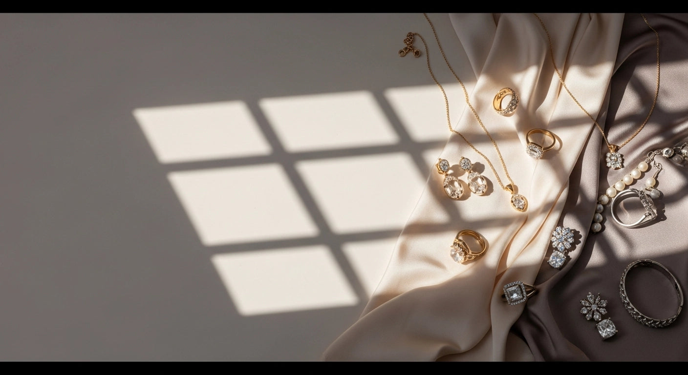 Gold and silver jewelry flat lay on soft fabric with elegant window shadows | Oria Jewel
