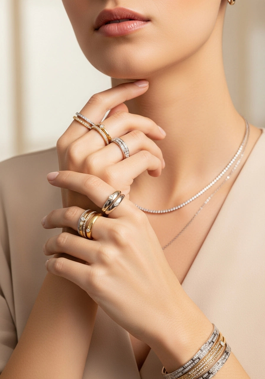 Close-up of gold and silver rings, bracelets, and necklace on a woman’s hands | Oria Jewel