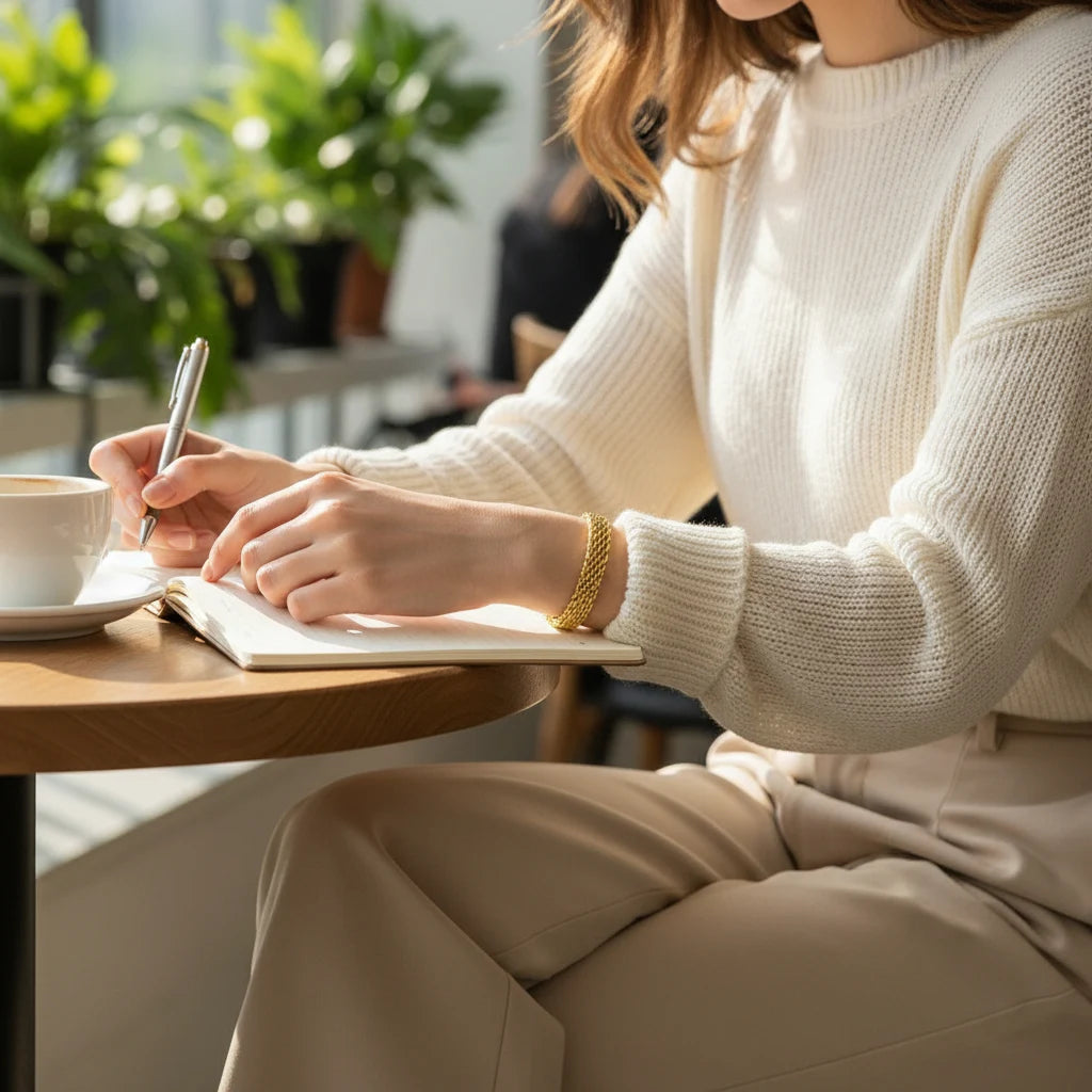Woman writing in a café wearing a gold wheat chain bracelet with soft neutral outfit | Oria Jewel