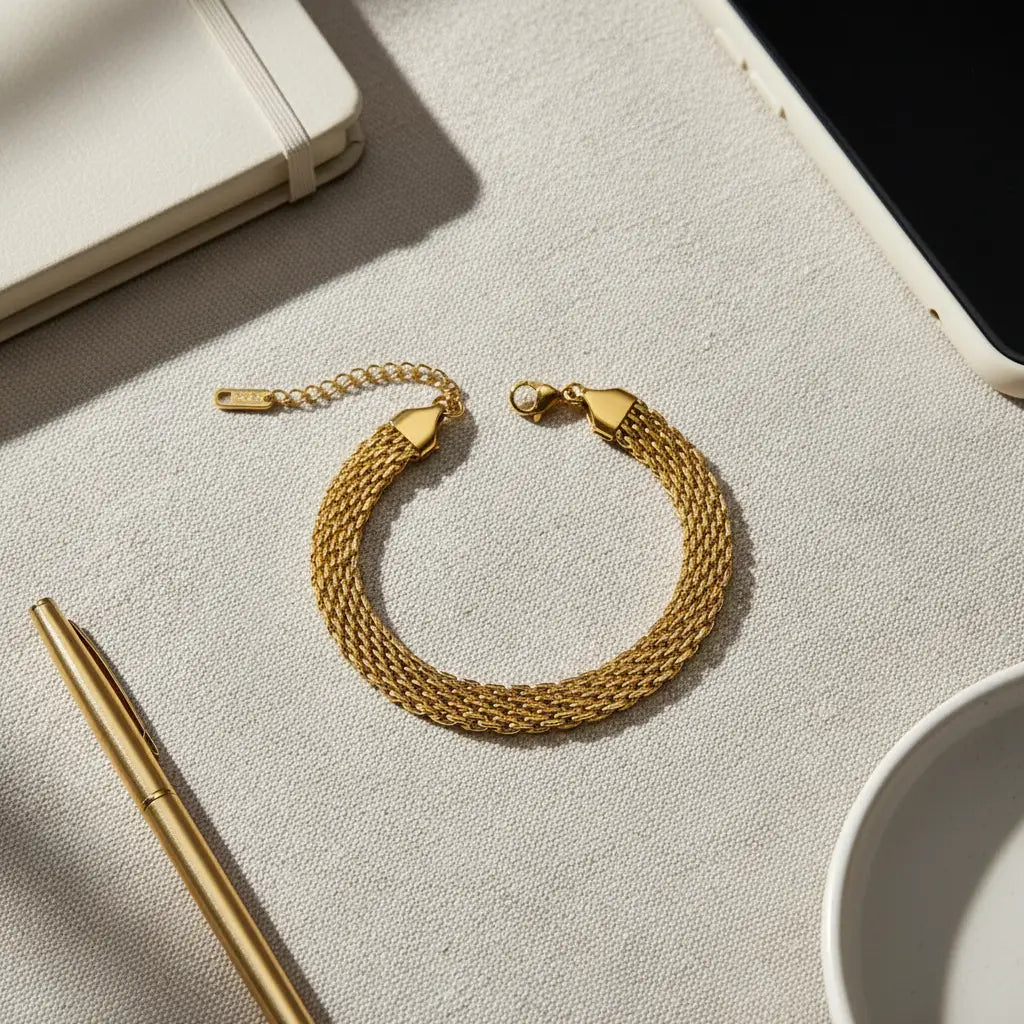 Flat-lay of gold wheat chain bracelet beside notebook, pen and cup on textured fabric surface | Oria Jewel