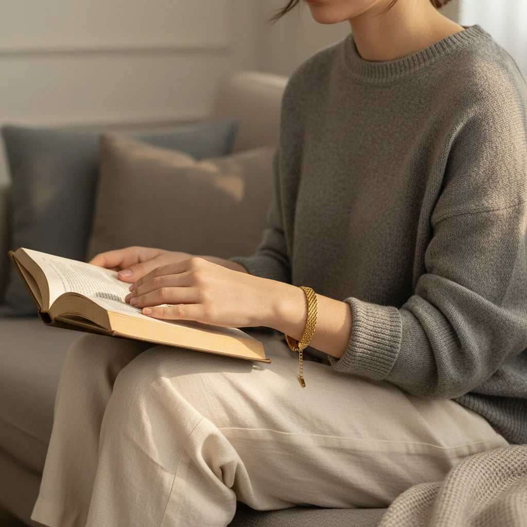 Woman reading on a sofa while wearing an elegant gold wheat chain bracelet with cozy outfit | Oria Jewel