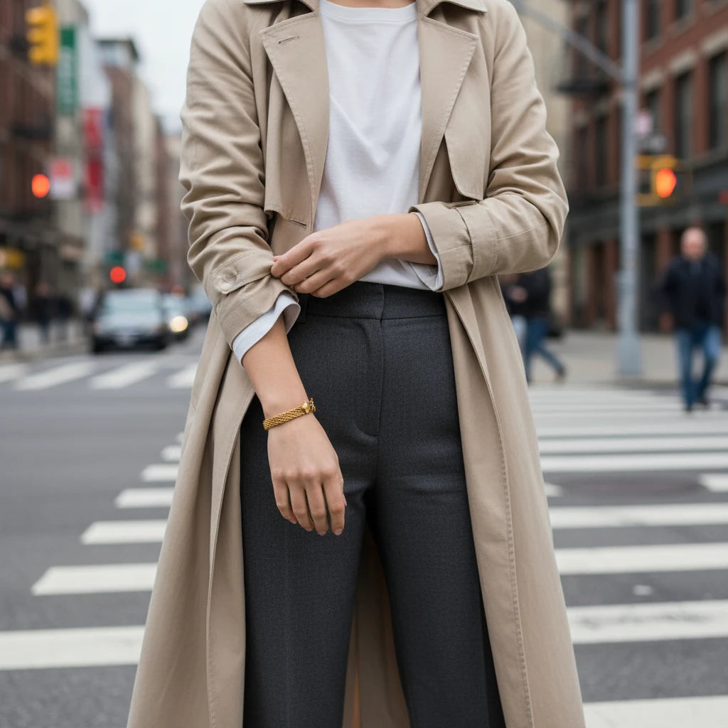 Street-style shot of woman crossing city road wearing a chic gold wheat chain bracelet | Oria Jewel