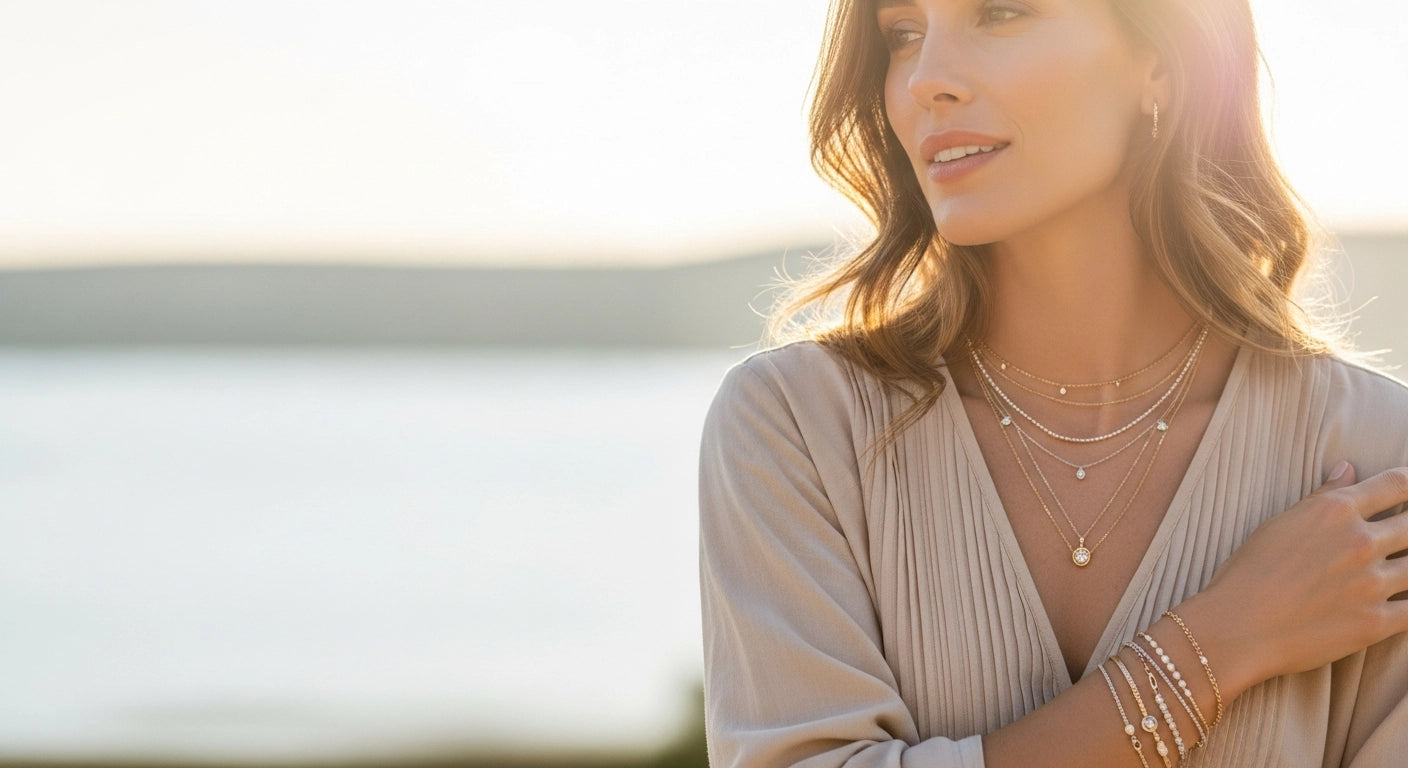 Woman wearing layered necklaces and delicate bracelets in soft golden light | Oria Jewel