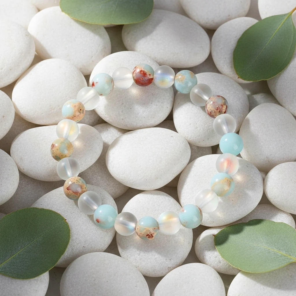 Luck &amp; Health Stone Bracelet resting on smooth white pebbles with green leaves around it, highlighting the calming blue and milky stones | Oria Jewel