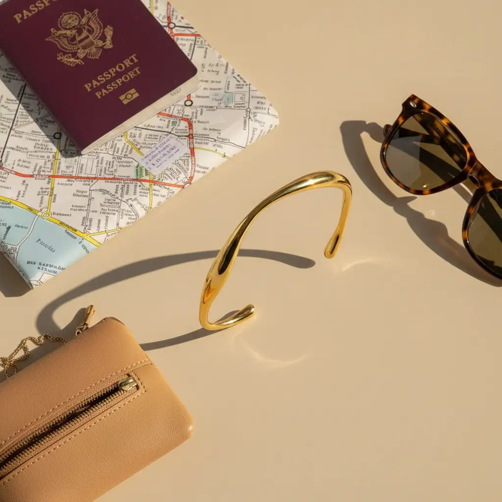 Flat lay of minimalist gold cuff bracelet on a beige background styled with passport, city map, tan zip wallet and tortoiseshell sunglasses for travel mood | Oria Jewel