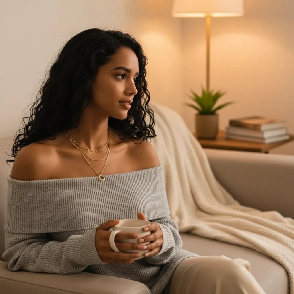 Woman wearing Multi Layered Gold Chain Necklace with off-shoulder gray sweater — cozy and elegant indoor vibe | Oria Jewel