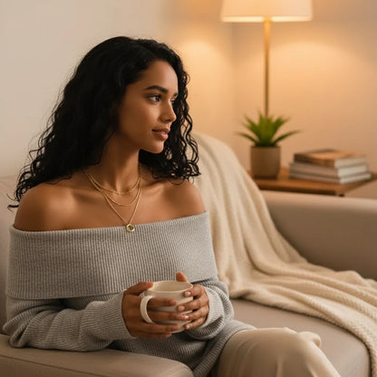 Woman wearing Multi Layered Gold Chain Necklace with off-shoulder gray sweater — cozy and elegant indoor vibe | Oria Jewel