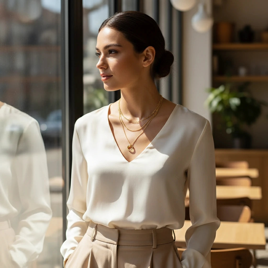 Woman wearing Multi Layered Gold Chain Necklace with elegant white blouse near sunlit window — minimalist luxury style | Oria Jewel