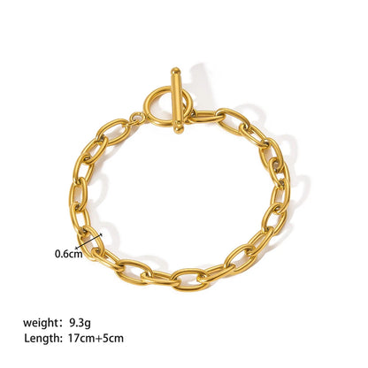 Studio image of adjustable oval link chain bracelet on white background showing toggle clasp, width, weight and length measurements for shoppers | Oria Jewel