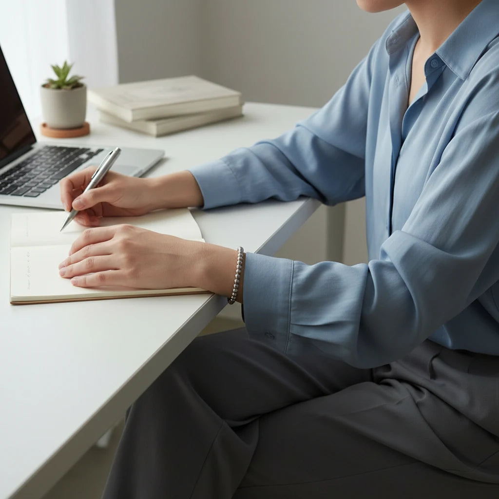 Woman working at a clean white desk, writing in a notebook next to a laptop while wearing a subtle Silver Beaded Stretch Bracelet that adds a polished touch to her office outfit | Oria Jewel