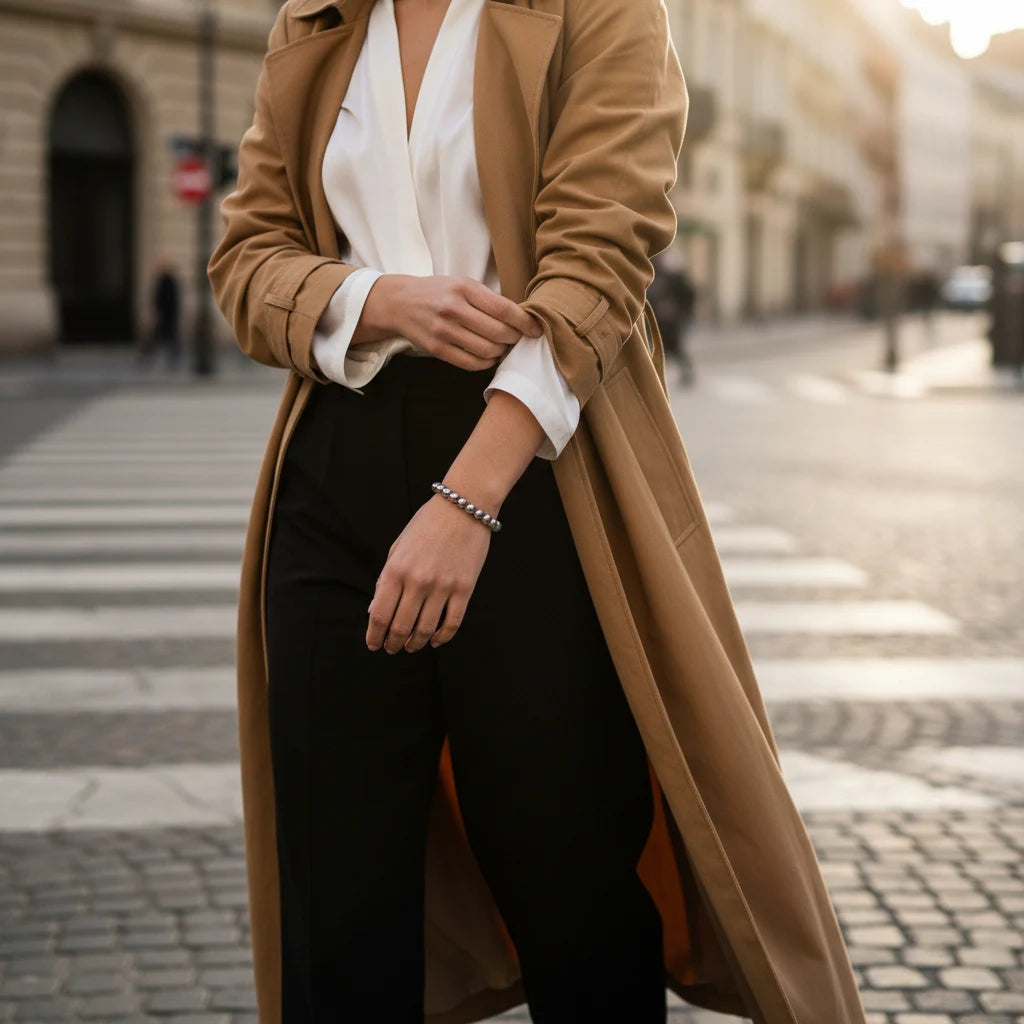 Street-style scene of a woman in a camel trench coat, white blouse and black trousers crossing a city crosswalk with a Silver Beaded Stretch Bracelet accenting her wrist in the evening light | Oria Jewel