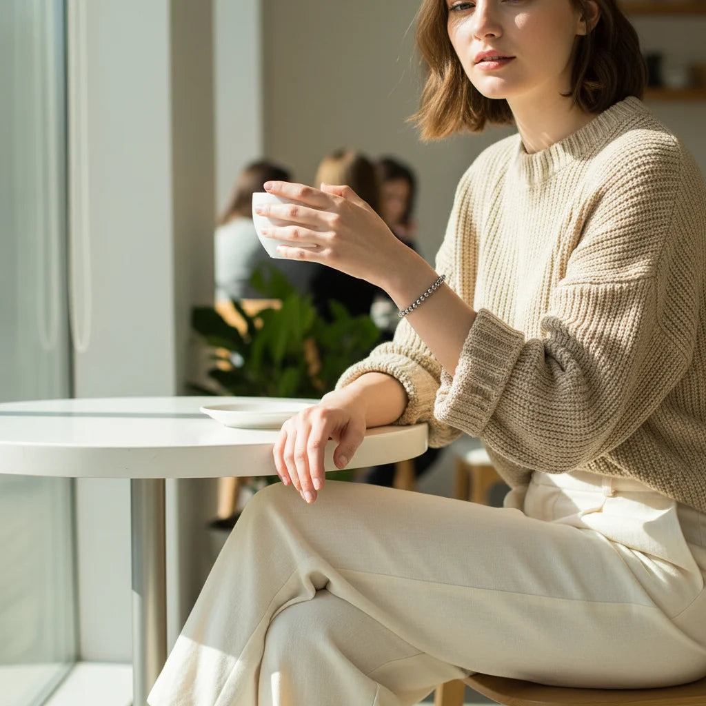 Casual café moment with a woman in a beige knit sweater and cream trousers holding a cup of coffee, the Silver Beaded Stretch Bracelet providing a simple, modern sparkle on her wrist | Oria Jewel