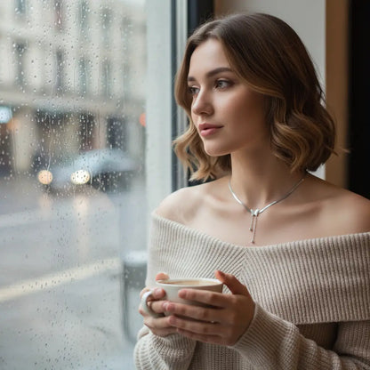 Woman in off-shoulder knit sweater holding coffee by rainy window, styled with chic Silver Butterfly Chain Necklace | Oria Jewel