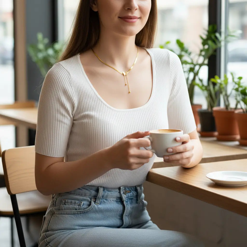 Casual café scene with woman in white ribbed top and jeans sipping latte while wearing Gold version of Silver Butterfly Chain Necklace | Oria Jewel