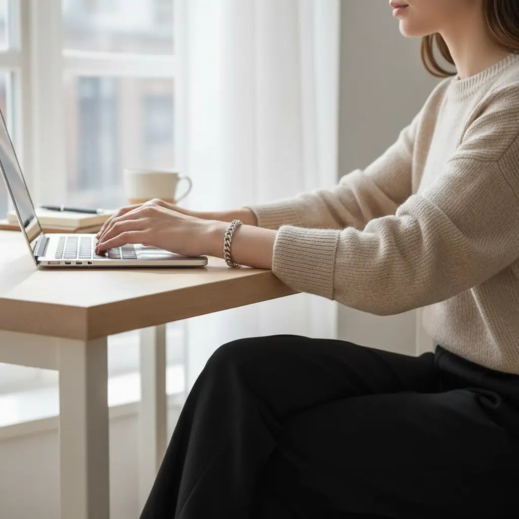 Woman working on a laptop at a bright wooden desk, wearing a polished silver chain bracelet on her wrist, styled with a beige sweater and black trousers in a minimal home office setting | Oria Jewel