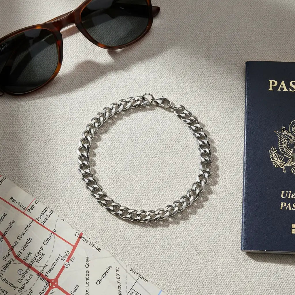 Flat lay of a travel scene featuring a shiny silver chain bracelet laid in a circle beside sunglasses, a navy blue passport, and a city map on a neutral fabric surface | Oria Jewel