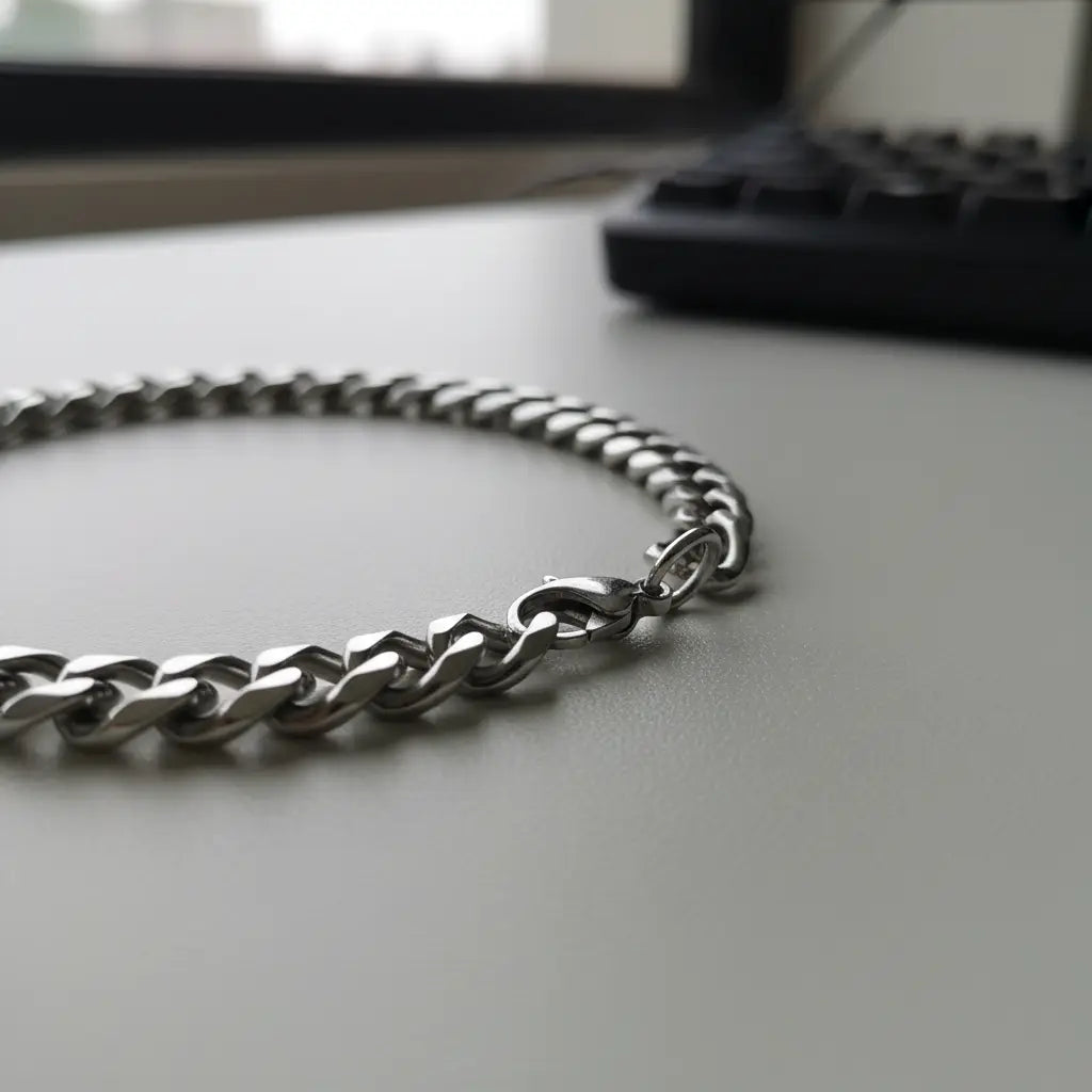 Detail close-up of a silver chain bracelet showing the interlocking curb links and lobster clasp resting on a light grey desktop near a computer keyboard | Oria Jewel