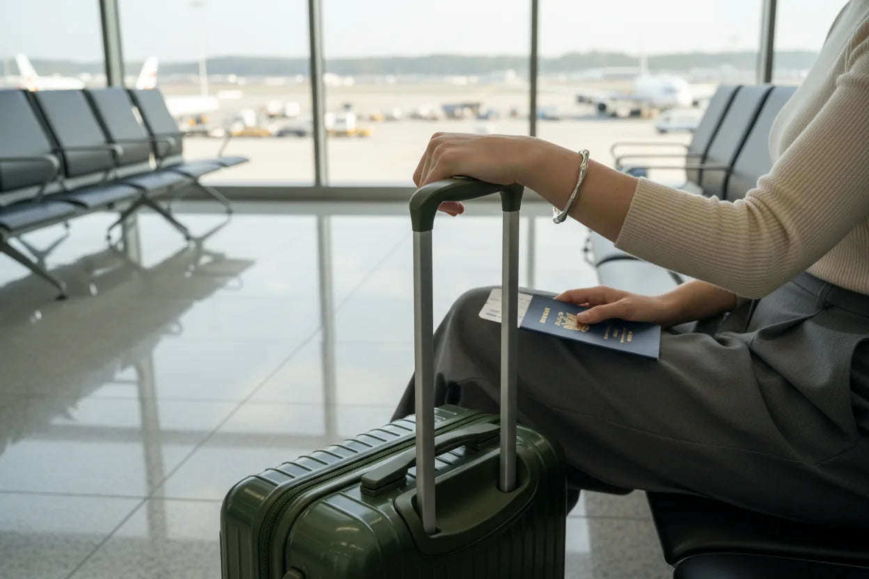 Woman at an airport holding a suitcase handle and passport, wearing a sleek bamboo-inspired silver cuff bracelet that elevates her travel outfit | Oria Jewel