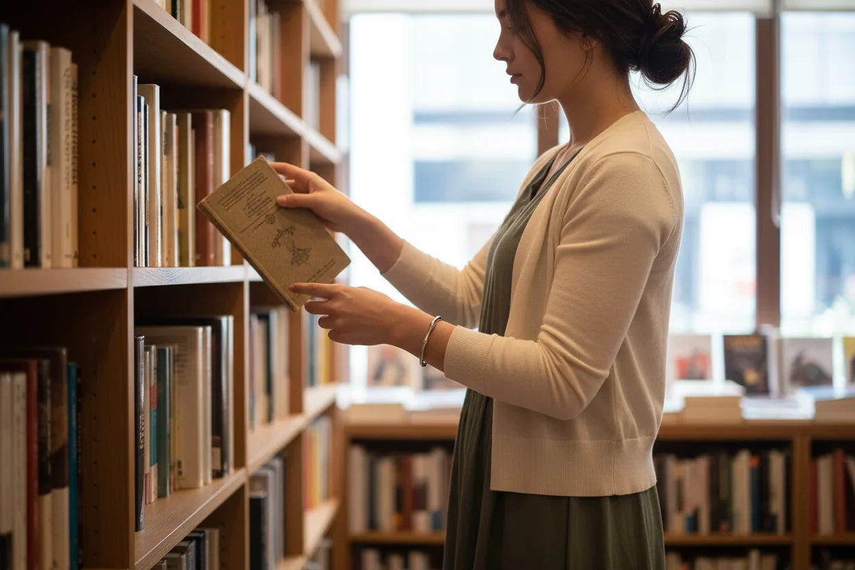 Woman browsing bookshelves in a cozy library, reaching for a book while a delicate silver cuff bracelet encircles her wrist and complements her light cardigan | Oria Jewel